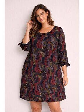 Ryan Wythe Multicolor Paisley Dress Boho Shift Tunic 3/4 Sleeve Womens 1X
